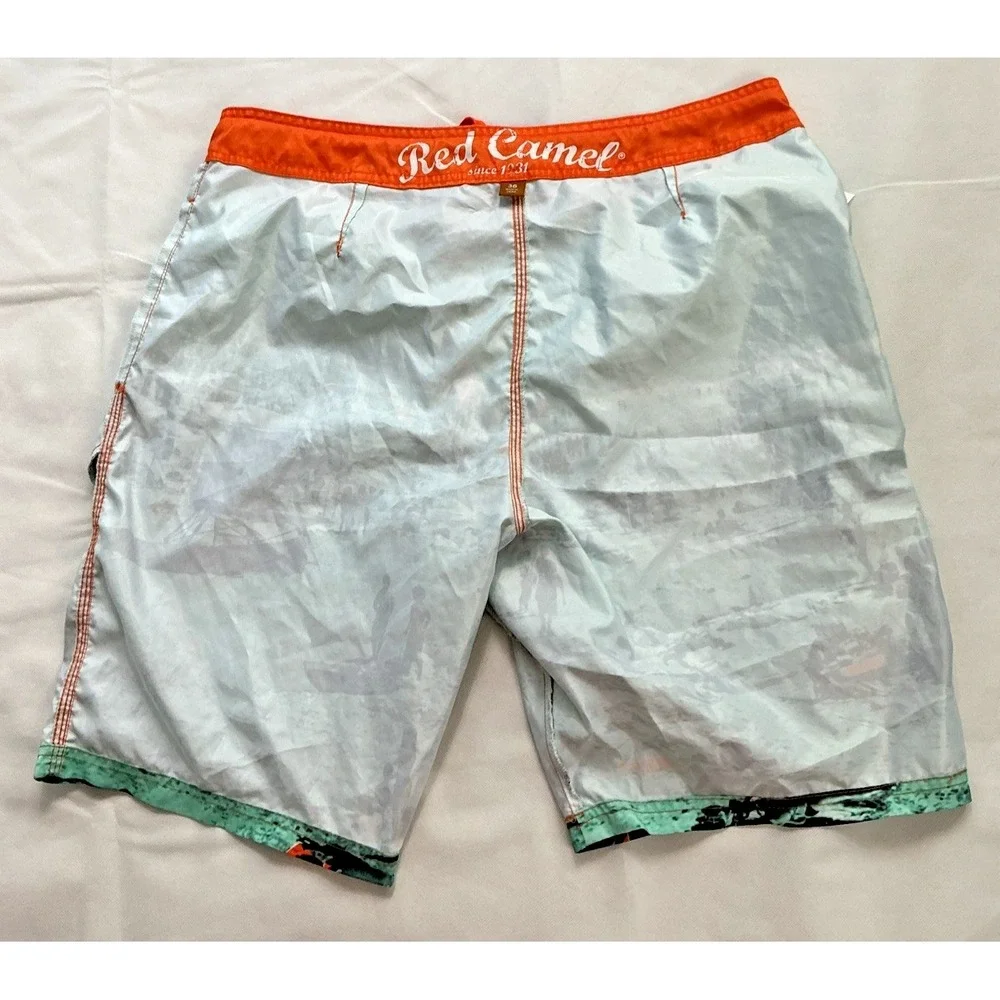 Red Camel Board Shorts Mens 36 Teal Graphic Vintage Beach Scene Orange Trim